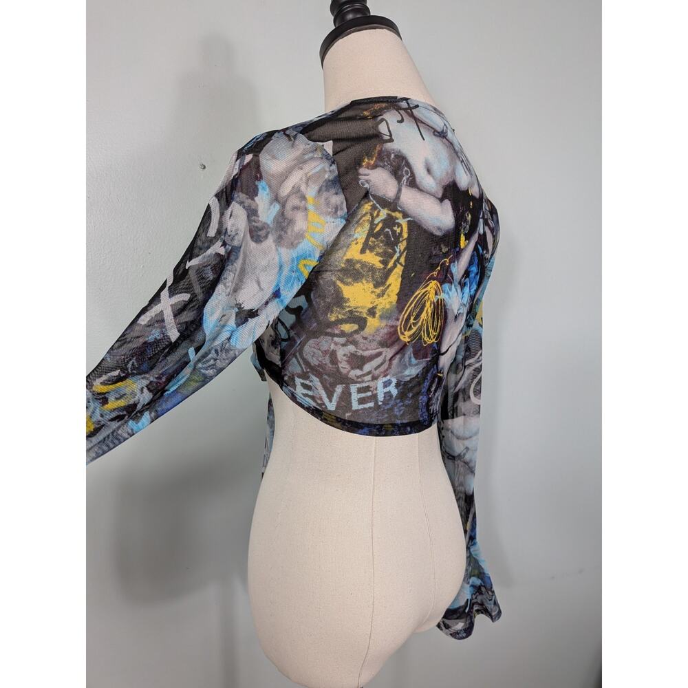 Y2K Mesh Shrug Top S Blue Back Crop Fairy Whimsigoth Tie Cardigan Floral Euro - Picture 7 of 11